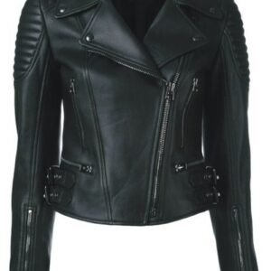 Women's Black Biker Leather Jacket with Zipper & Buckle Detail