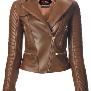 Brown Leather Biker Jacket for Women - Stylish & Durable