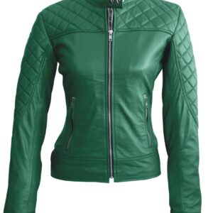 Stylish Green Leather Jacket for Women | Quilted Design & Zipper Pockets