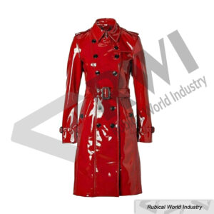 Glossy Red PVC Trench Coat with Belt & Double-Breasted