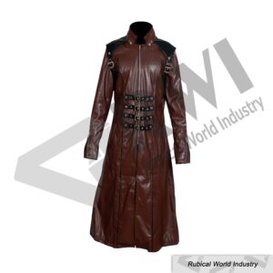 Brown Leather Long Coat with Buckles & Black Shoulders
