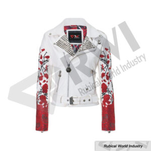 White Leather Biker Jacket with Red Floral Sleeves