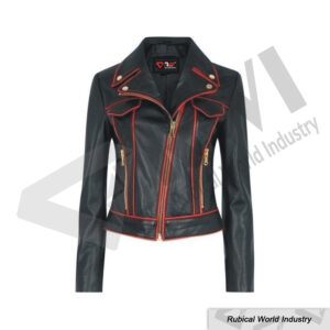 Women's Black Leather Jacket with Red Piping – Bold Style