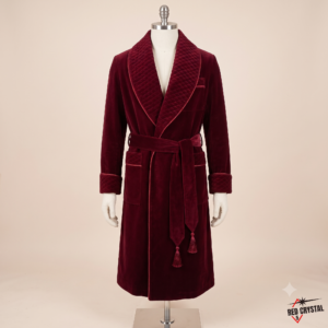 Men's Dressing Gown Forest Red Velvet Fine Quilted with Red Silk