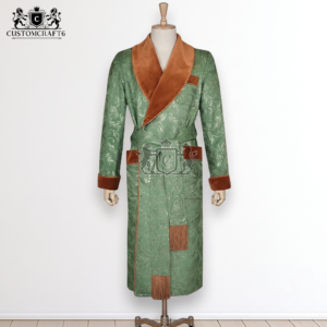 New Men's Green Jamawar Smoking Robe | Quilted Lapel, Victorian Lounge Jacket