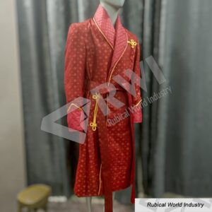 Men's Red Jamawar Smoking Robe Quilted Lapel