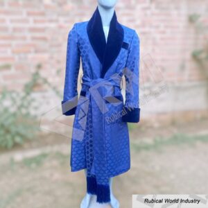 Men's Blue Jamawar Smoking Robe Quilted Lapel