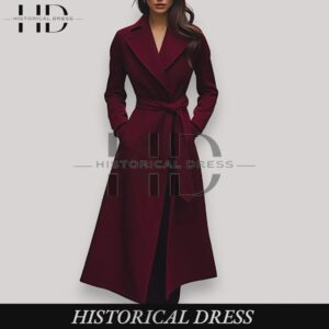Women's Burgundy Wool Belted Long Winter Coat