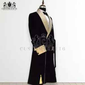 Men's Black Velvet Smoking Gown | Quilted Lapel, Long Evening Coat