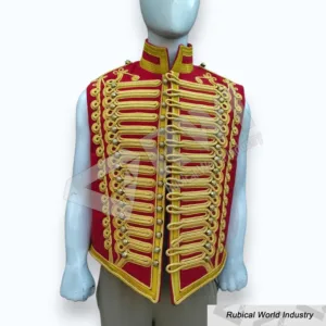 Red Hussar Gold Braided Military Vest Custom Made