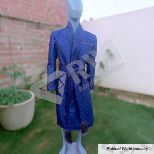 Men's Blue Jamawar Smoking Robe Victorian Lounge Jacket