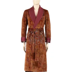 Luxury Men’s maroon jamawar Smoking Robe | Quilted Lapel & Cuffs | Victorian Sty
