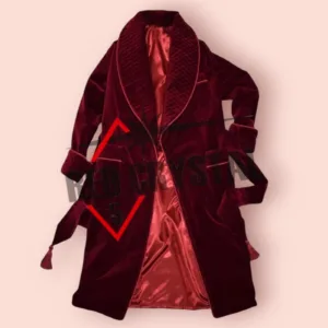 Men's Dressing Gown Forest Red Velvet Fine Quilted with Red Silk