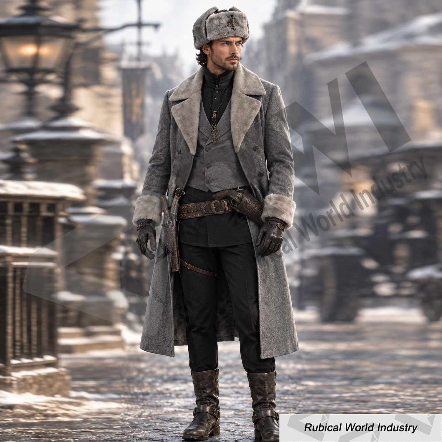 Wool-Steampunk-Historical-Victorian-Long-Coat(1) Men's Grey Victorian Gothic Steampunk Wool Overcoat, Fur Collar Winter Jacket, Military Costume